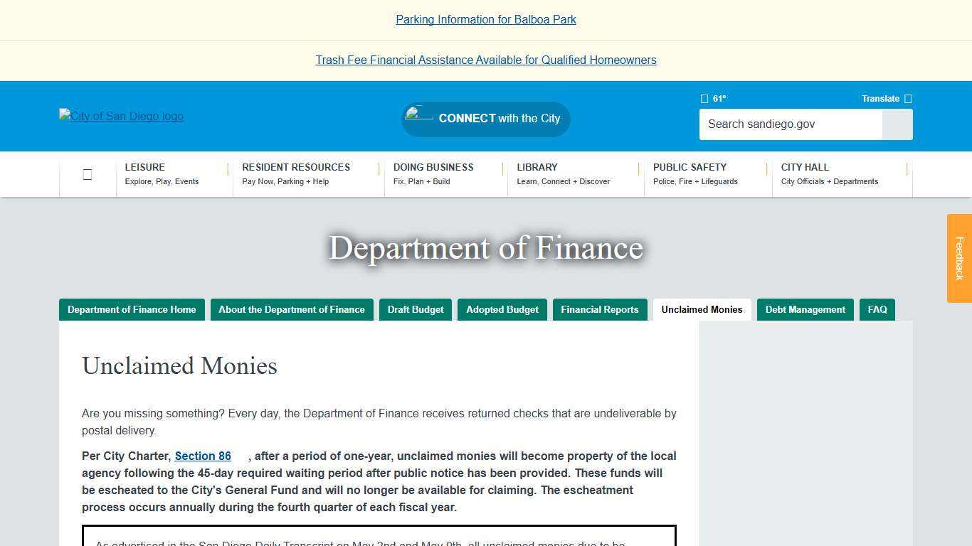 Unclaimed Monies City of San Diego Official Website