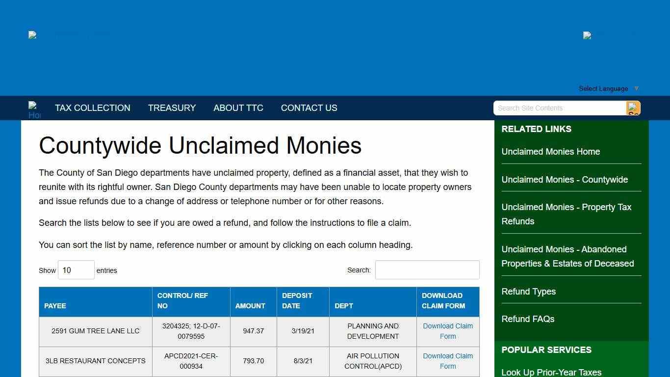 County Wide Unclaimed Monies