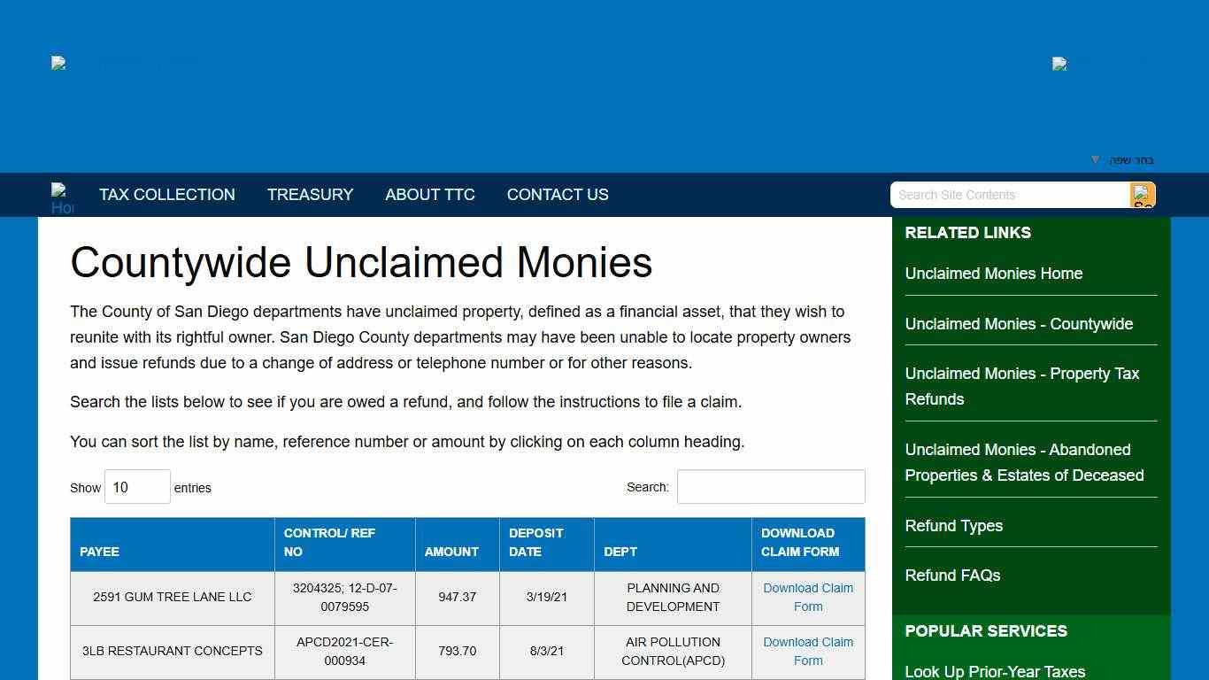 County Wide Unclaimed Monies